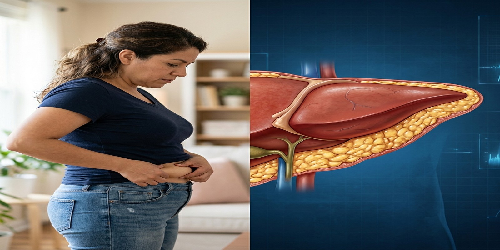 Mujer latina 40 años y visualización médica del hígado graso — Método Volcánica